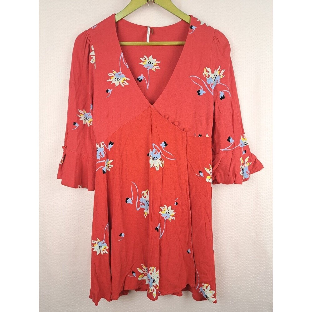 Free People Red Time On My Side S Wrap Mini Dress 3/4 Sleeve Buttons 100% Rayon - Picture 2 of 16
